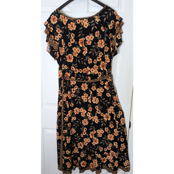 Perceptions Womens Dress Black Floral 1X Short Sleeve Belted - Picture 2 of 9